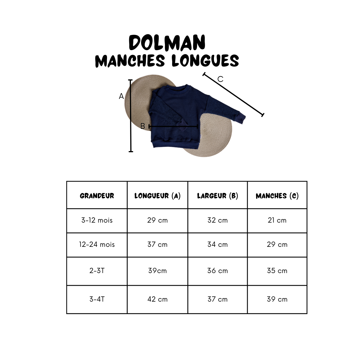 Charte grandeur Chandails Manches Longues