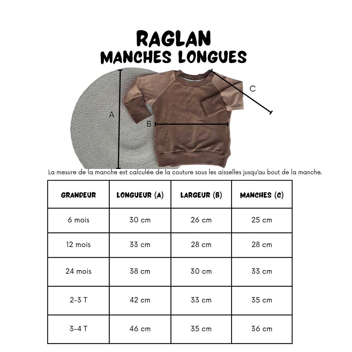 charte grandeur chandail manches longues raglan