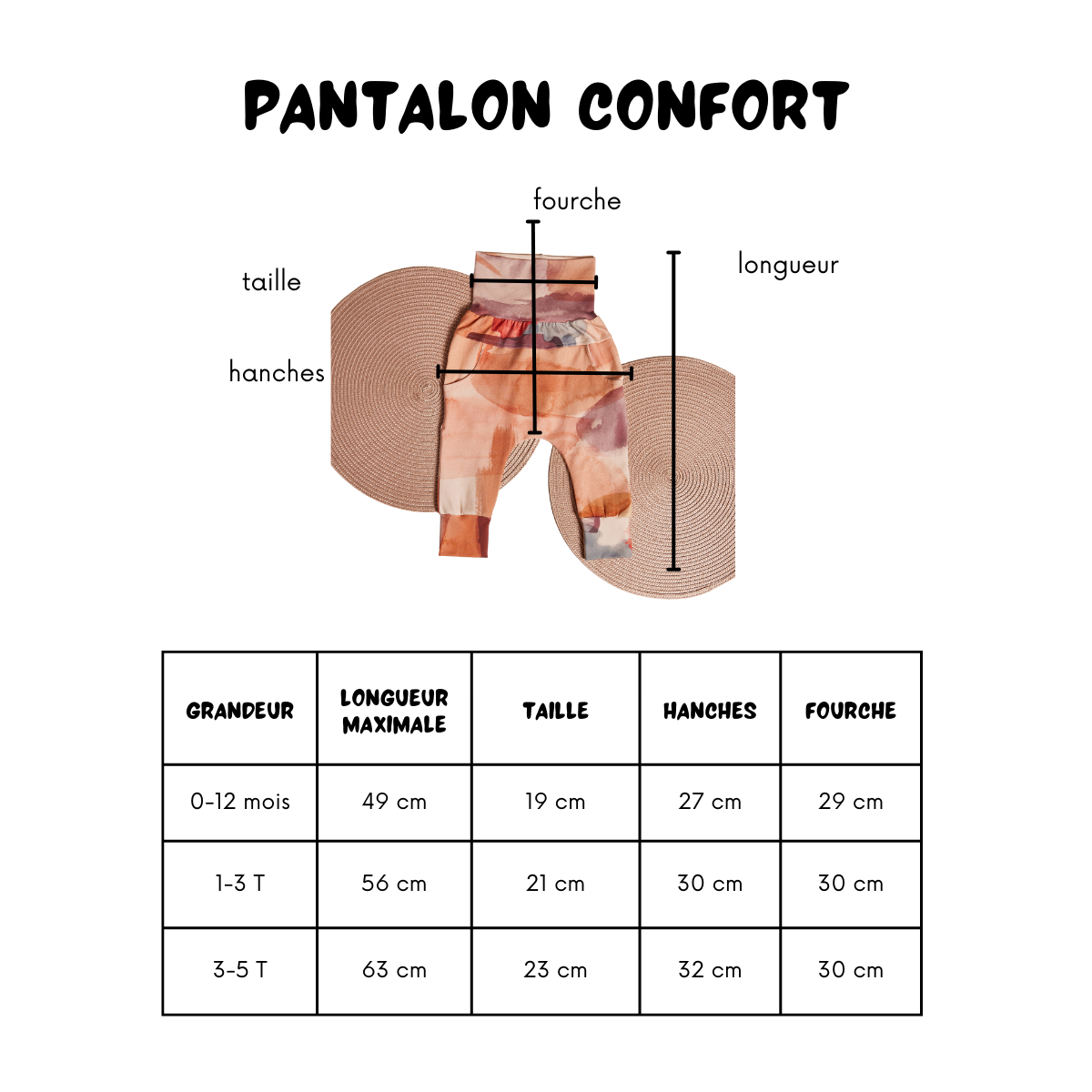Charte de grandeur pantalons évolutifs confort