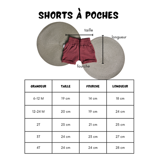 charte de grandeur shorts à poches