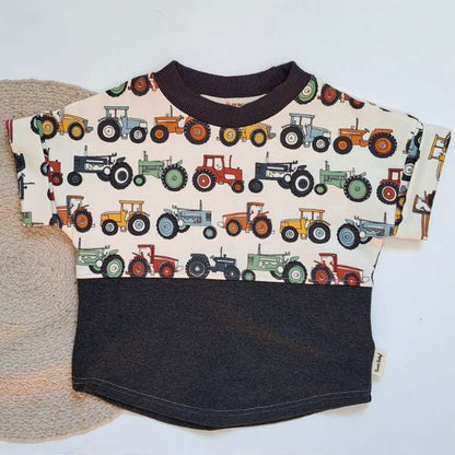 T-Shirt Ample Colorblock Avec des Tracteurs