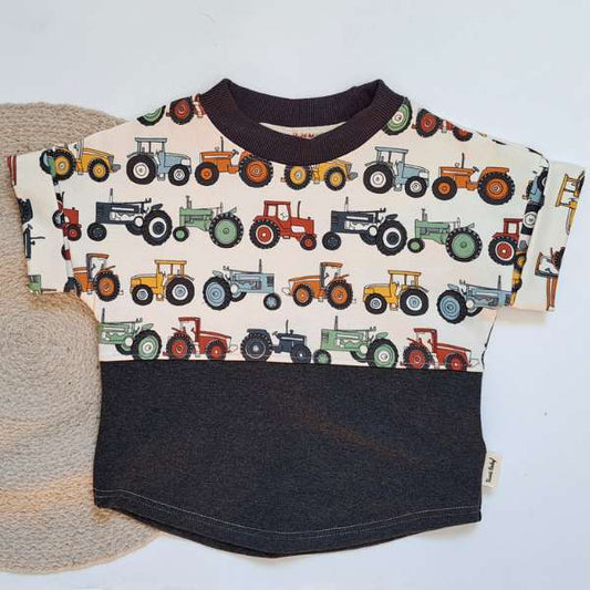 T-Shirt Ample Colorblock Avec des Tracteurs